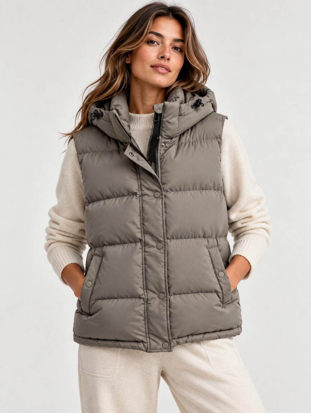 Quince Women Down Puffer Vest Hooded Lightweight Outdoor Winter Taupe Size S